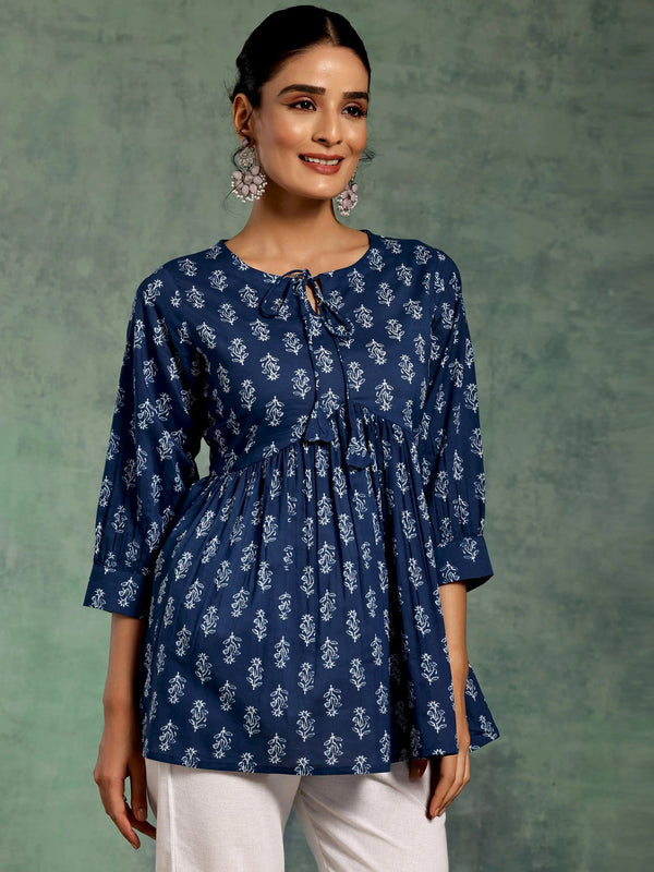 Blue Printed Cotton A-Line Kurti
