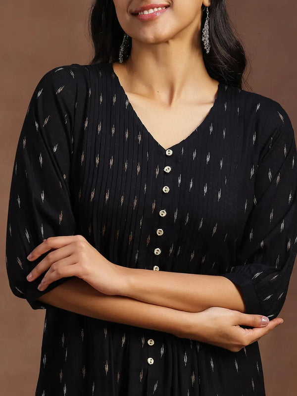 Black Woven Design Cotton Blend A-line Kurti
