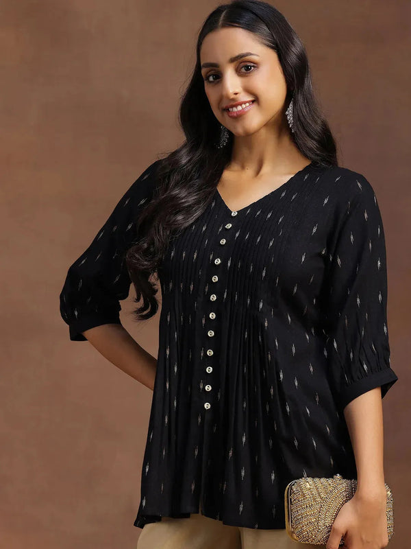 Black Woven Design Cotton Blend A-line Kurti