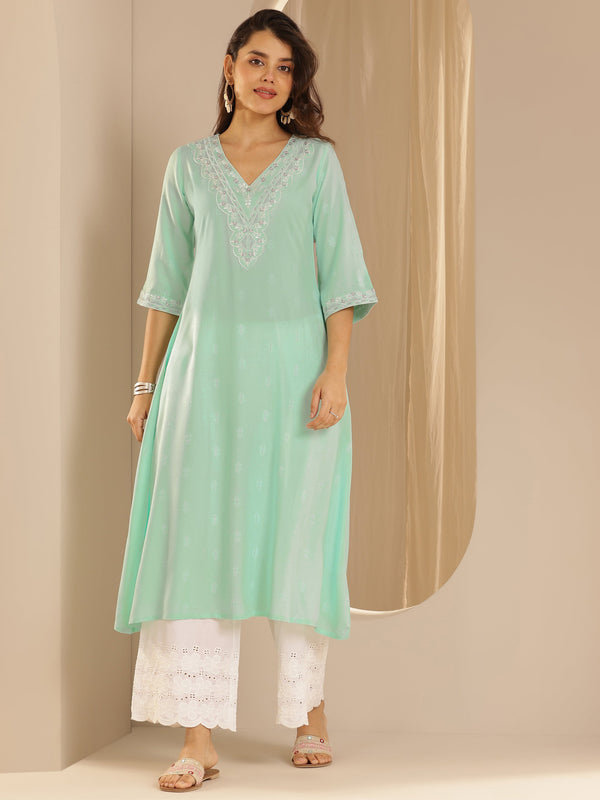 Blue Woven Design Rayon A-Line Kurta
