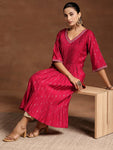 Red Printed Silk A-Line Kurta