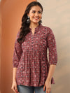 Maroon Printed Cotton A-Line Short Kurti