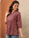 Maroon Printed Cotton A-Line Short Kurti