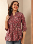 Maroon Printed Cotton A-Line Short Kurti
