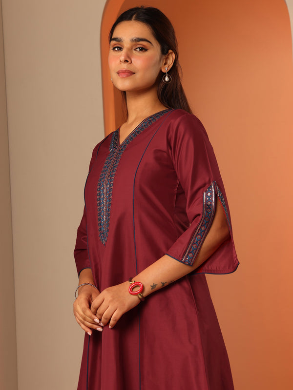 Maroon Embroidered Silk Blend A-Line Kurta