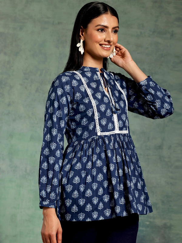 Blue Yoke Design Cotton A-Line Kurti