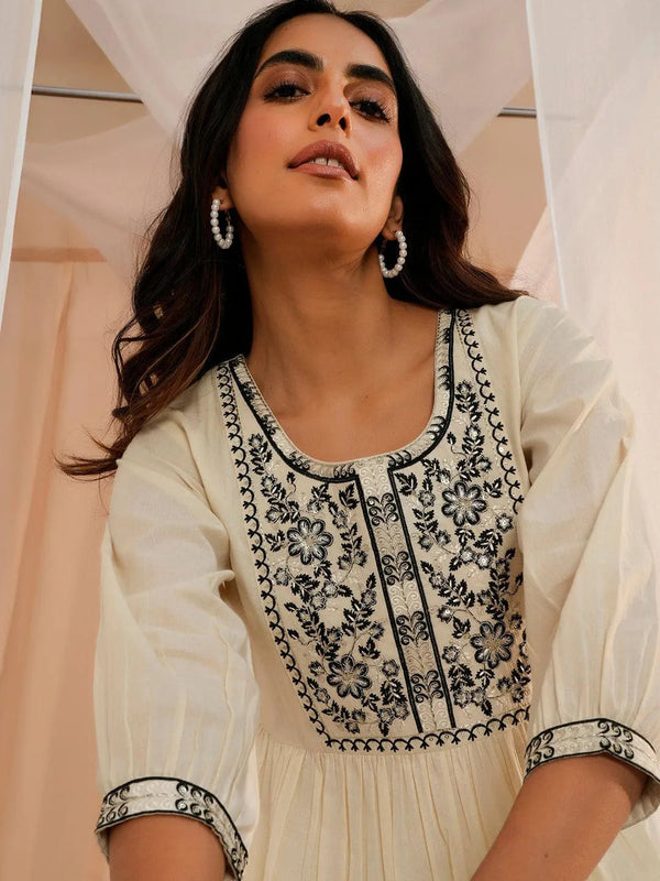 Off White Yoke Design Cotton A-Line Kurti
