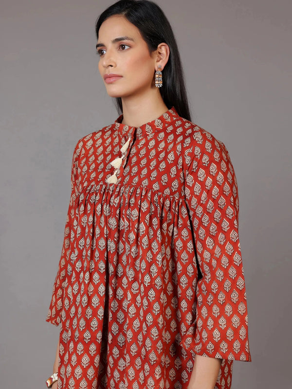 Rust Printed Cotton A-Line Kurti