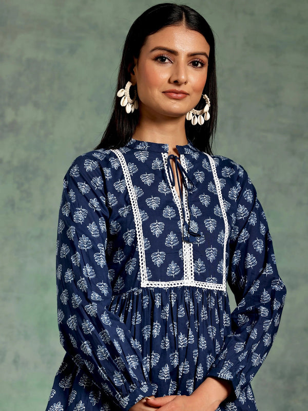 Blue Yoke Design Cotton A-Line Kurti