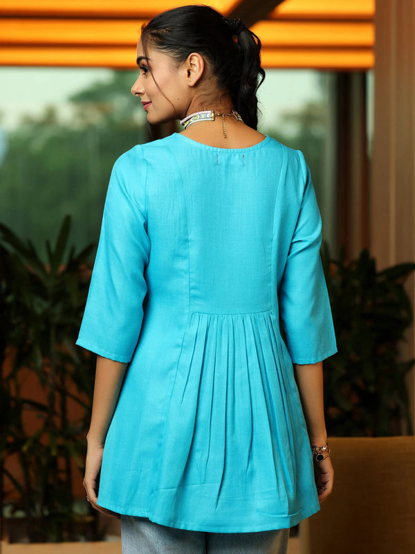 Turquoise Yoke Design Cotton Blend A-Line Kurti
