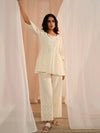 Off White Embroidered Cotton A-Line Kurti