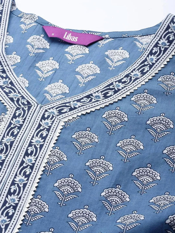 Blue Printed Cotton A-Line Kurti