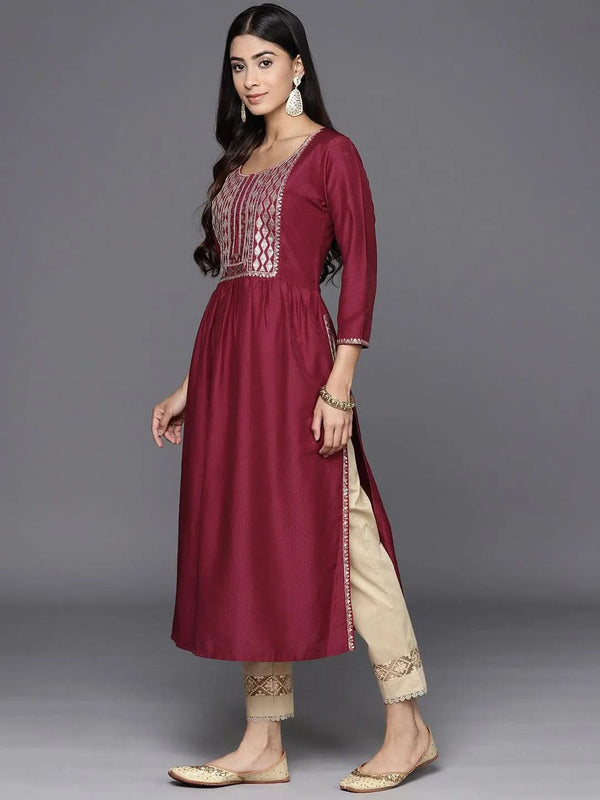 Maroon Yoke Design Silk A-Line Kurta