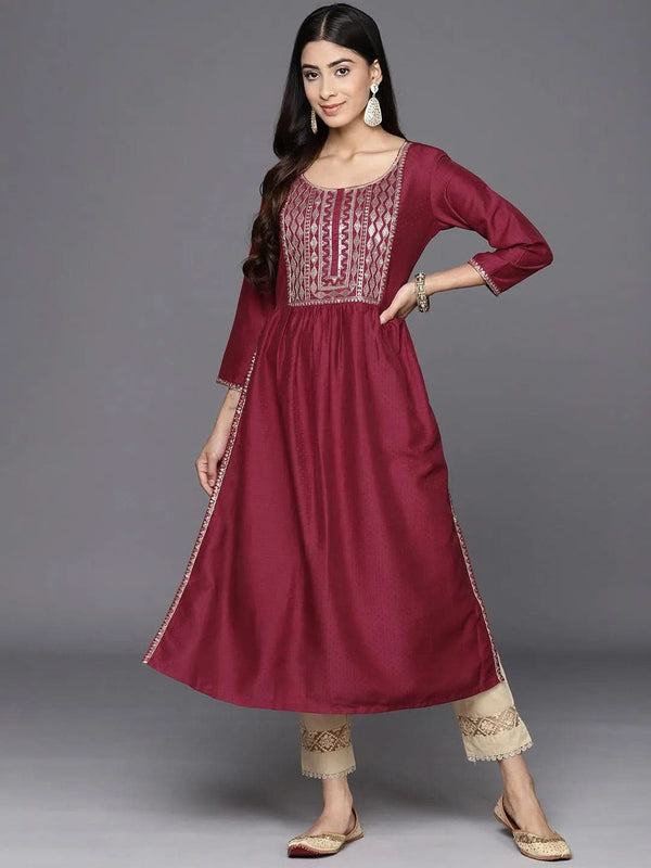 Maroon Yoke Design Silk A-Line Kurta
