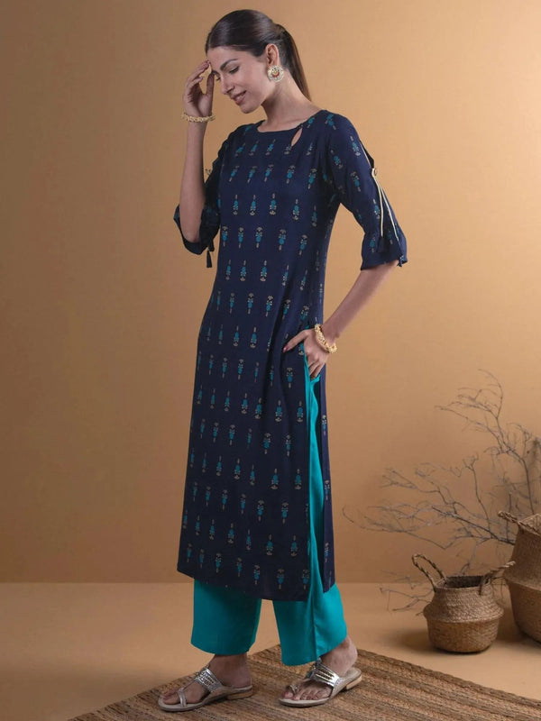 Navy Blue Printed Rayon Straight Kurta