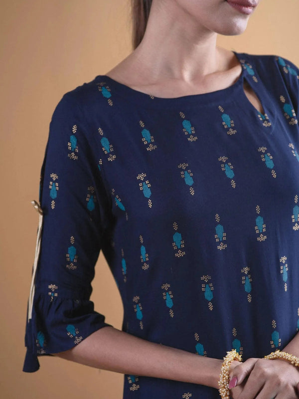 Navy Blue Printed Rayon Straight Kurta