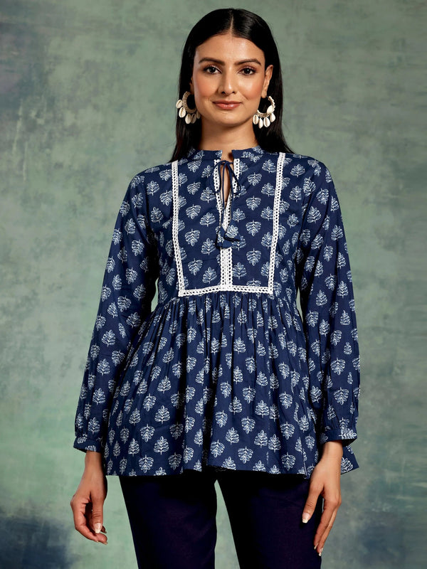 Blue Yoke Design Cotton A-Line Kurti