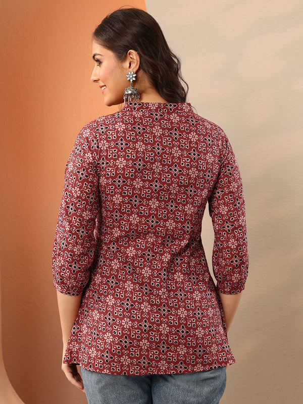 Maroon Printed Cotton A-Line Short Kurti