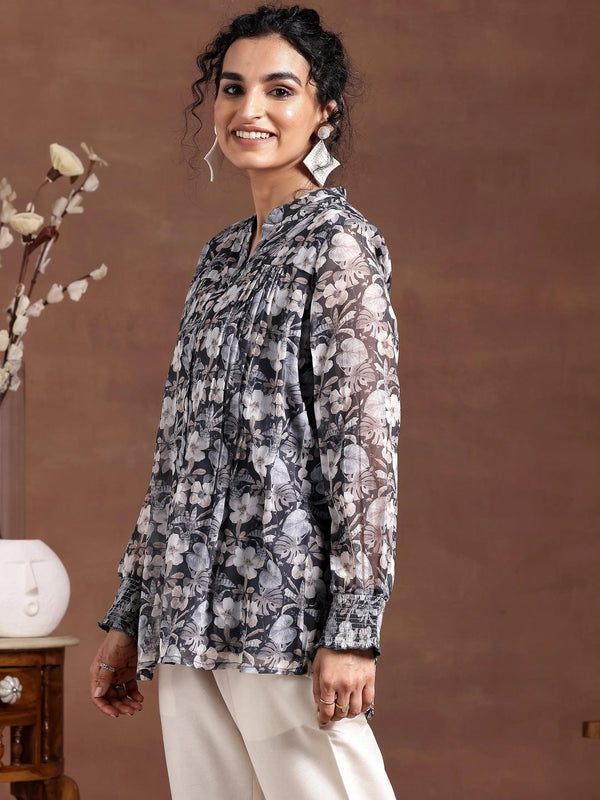 Grey Printed Chiffon A-Line Kurti