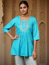 Turquoise Yoke Design Cotton Blend A-Line Kurti