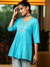 Turquoise Yoke Design Cotton Blend A-Line Kurti