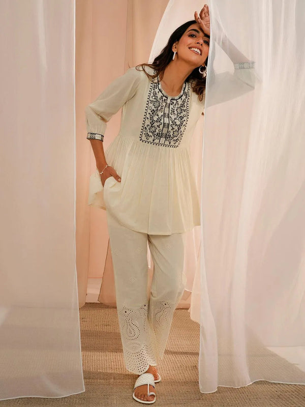 Off White Yoke Design Cotton A-Line Kurti