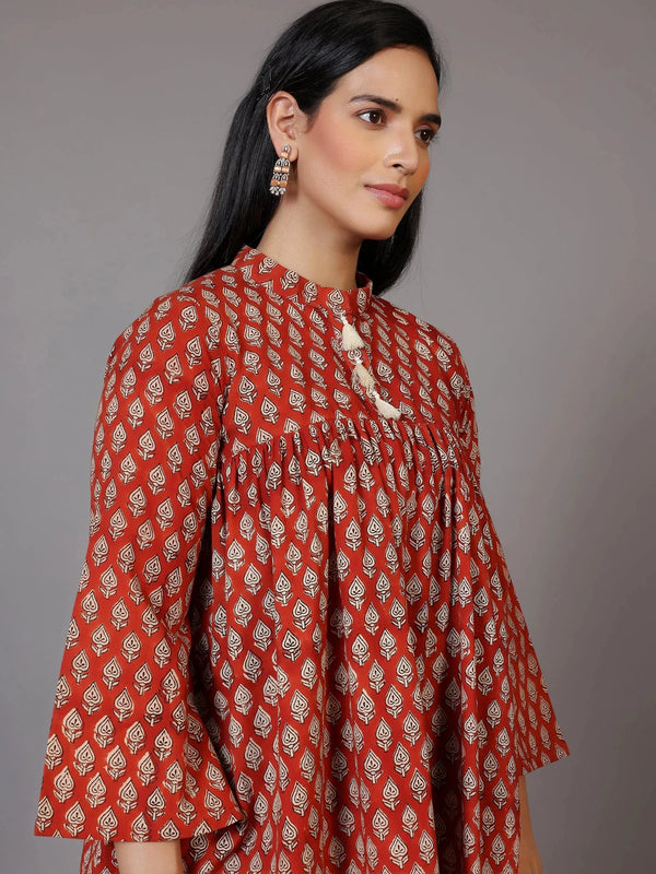 Rust Printed Cotton A-Line Kurti