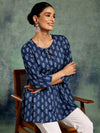 Blue Printed Cotton A-Line Kurti