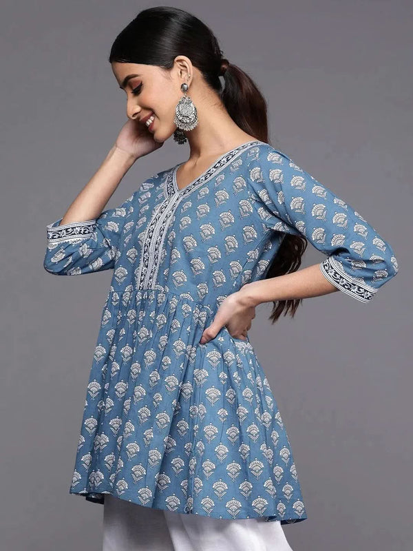 Blue Printed Cotton A-Line Kurti