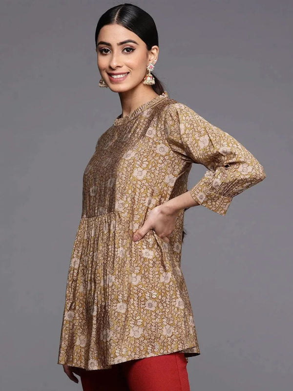 Mustard Printed Silk Blend A-Line Kurti