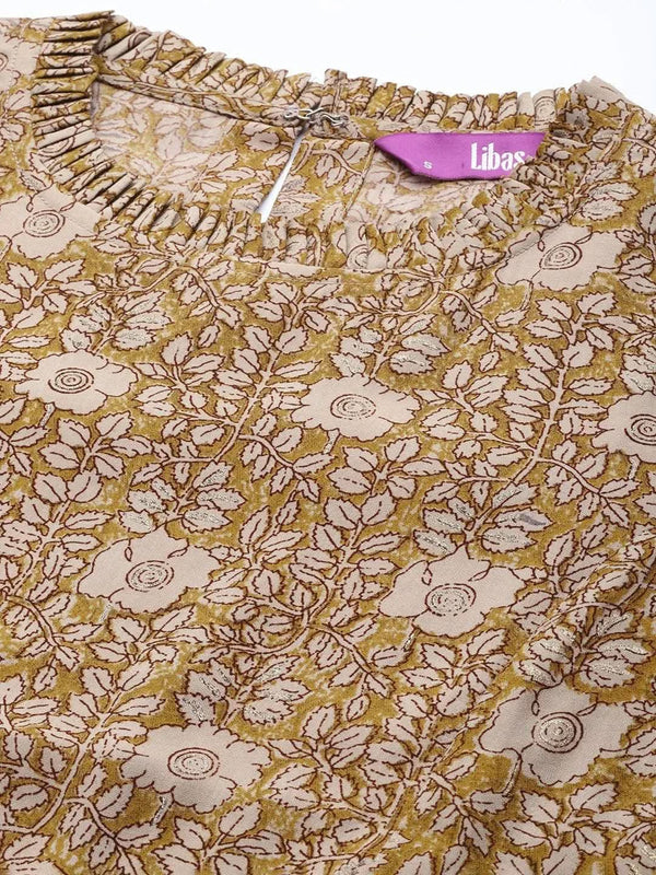 Mustard Printed Silk Blend A-Line Kurti