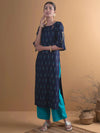 Navy Blue Printed Rayon Straight Kurta