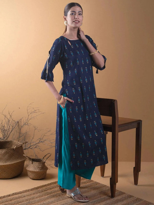 Navy Blue Printed Rayon Straight Kurta