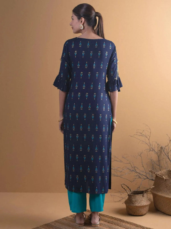 Navy Blue Printed Rayon Straight Kurta